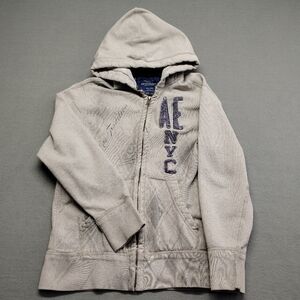 American Eagle Outfitters Light Gray Hooded Zip Jacket with Navy Logo XL TG